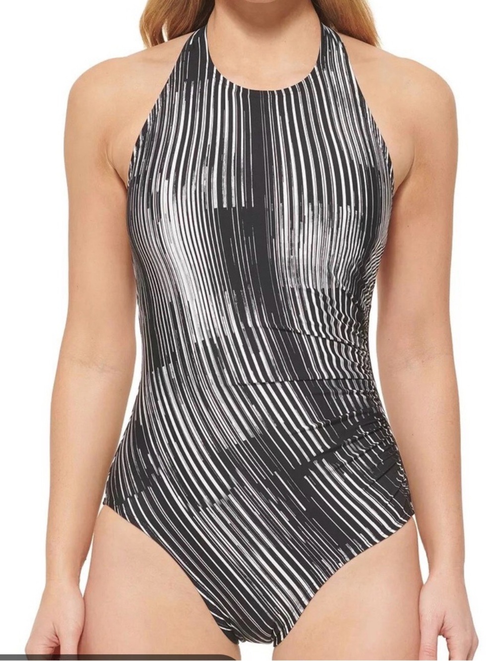 Calvin Klein Black & White Striped Halter One-Piece Swimsuit